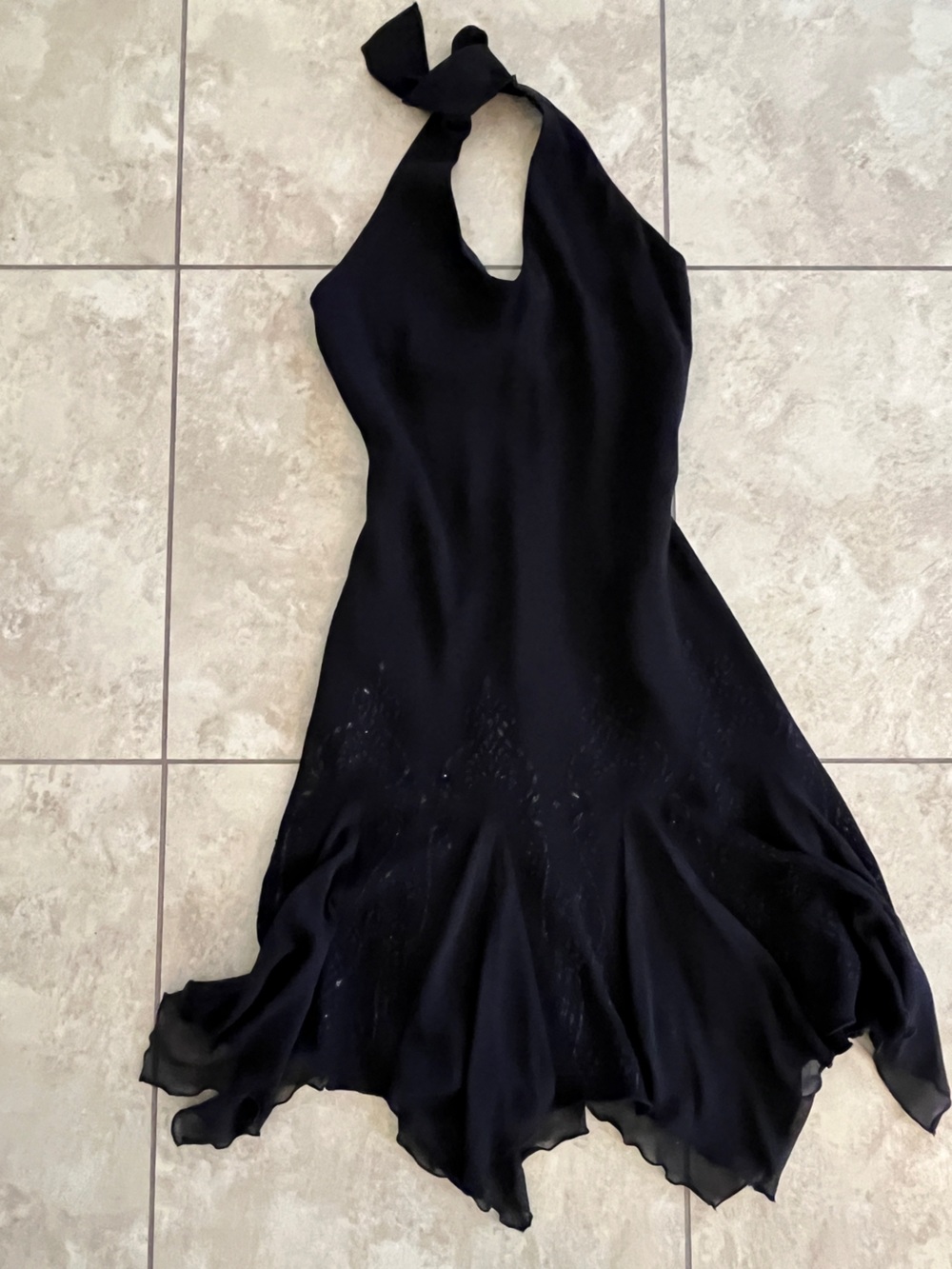 Vintage Y2K black halter dress handkerchief hem beaded detail cocktail dress